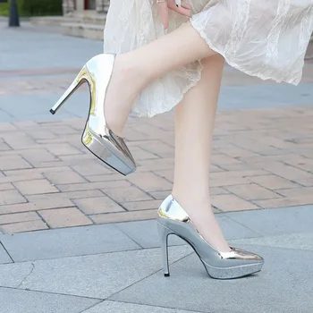 35-44 Női 12cm vékony magas sarkú pumpák Női Four Seasons Pu Slip-on Solid Party Fashion Sexy Platform Női cipők