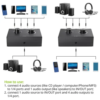 4 port 3,5 mm-es sztereó hangkapcsoló támogatás 1 in 4 out vagy 4 in 1 out PC telefon laptop fejhallgató