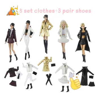 5 Készlet kézzel készített divat Egyenruhák Menő szupermodell kabát Ruhák+3 pár cipő Barbie baba kiegészítőkhöz Lány ajándék játékok Gyerek ajándék