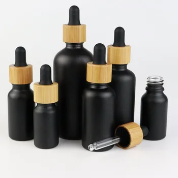6Db matt fekete illóolaj szérum cseppentő palack 15/30/50ml kozmetikai üveg pipetta csomagolás fa gabona bambusz fedéllel