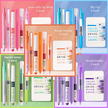 6Db/Set görgős toll lila / rózsaszín / zöld színű tinta egyenes folyékony gél toll golyóstoll iskolai irodai írószerekhez Kawaii