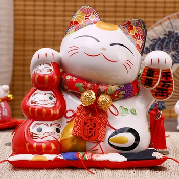 9,8 hüvelykes kerámia Maneki Neko érmebank Lucky Cat Daruma pénzdoboz Kezdőlap dekoratív dísz Nagy szerencse macska