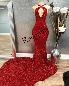 Afrikai fekete lány csillogó flitteres parti formális ruhák valódi kép piros sellő szexi hát nélküli hosszú báli ruhák 2023