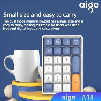 Aigo A18 mechanikus billentyűzet kettős módú 2.4g vezeték nélküli USB Type-C vezetékes 22 billentyűs üzem közben cserélhető újratölthető kis numerikus billentyűzet Pénzügy