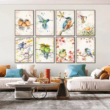 Akvarell Kolibri Veréb Fal Művészet Állati madarak Vászon Festés Modern poszter és nyomtatott kép a nappalihoz Lakberendezés