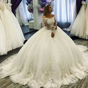 ANGELSBRIDEP romantikus hosszú ujjú udvari vonati báli ruha esküvői ruhák Vestido Novias csipke rátétes vállról menyasszonyi ruha