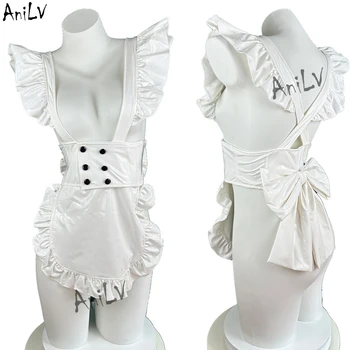 AniLV Women Anime Coffee Maid Uniform White Bőr kötény Big Bow Cosplay jelmez
