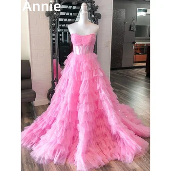 Annie rózsaszín báli ruhák flitteres tüll többrétegű estélyi ruha kedvesemPánt nélküli földhossz hivatalos alkalom parti ruha