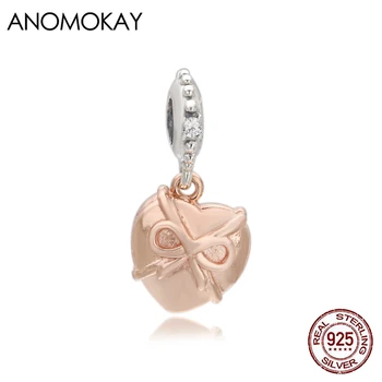 Anomokay romantikus rózsa arany színű íj szív medál Charm fit Karkötő és nyaklánc Real 925 ezüst szerelmi gyöngy DIY ékszerekhez