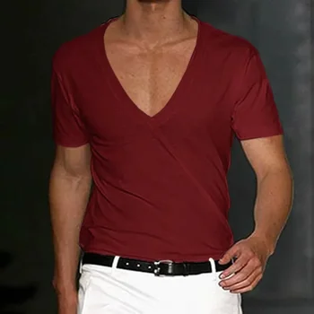 B1782 Férfi póló Rövidnadrág Ujj Mély V-nyakú felsők Egyszínű túlméretezett pólók Férfi Streetwear Laza pulóver Pólók Tavasz