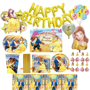 Belle hercegnő szépség és szörnyeteg téma parti eldobható étkészlet papírpohár tányér terítő születésnapi léggömb banner dekoráció