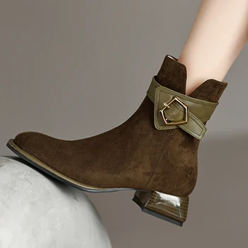 Brit stílusú alacsony sarkú cipő Bokacsizma nők 2024 őszi velúr mű szögletes orrú rövid csizma nő vastag sarkú cowgirl botas cipő