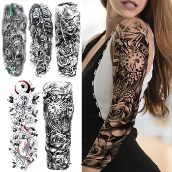 Béke galamb iránytű rózsa ideiglenes tetoválás ujj nőknek Férfi róka gengszter oroszlán hamis tetoválás matrica szexi teljes kar tetoválás nagy
