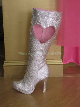 Bőr Blingbling rózsaszín üreges szexi csizma hölgy kerek lábujj térd magas kerek orrú kristály csizma ruha női cipő cipzár 2024 design