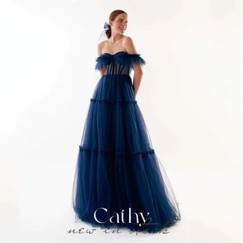 Cathy Grace Off Shoulder فساتين سهره فاخره 2023 Floor Lenght Multilayer Vestidos De Noche szexi rövid ujjú A-line báli ruhák