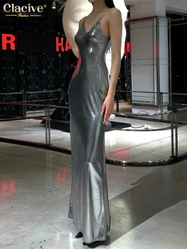 Clacive Sexy Slim Silver női ruhák 2024 divatpántos ujjatlan bokáig érő ruha Elegáns hát nélküli partiruha női