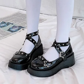 Comemore 2023 Lolita cipők Star Buckle Mary Janes cipők női keresztkötésű platform bőr lányok szegecs alkalmi vintage cipő nő