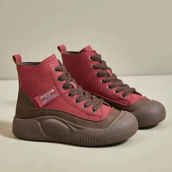 Csizma Női sportcipők Új tornacipők Bőr fűzős Téli női vulkanizált cipő Könnyű vászon Kerek orrú alkalmi cipő