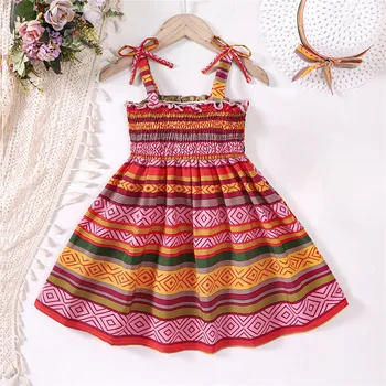 Csíkos napruha Nemzeti stílusú gyerek lányok aranyos ujjatlan spagetti pántos ruha nyári bohém strand hercegnő ruha vestidos