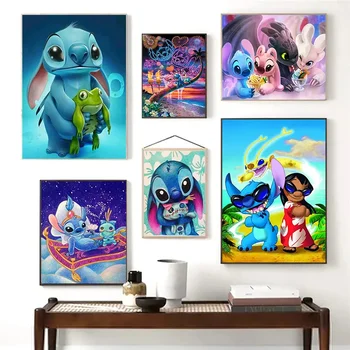 Disney anime vászonfestmények Aranyos Lilo és Stitch rajzfilm plakátok és nyomatok Falfestmények Képek a nappalihoz Lakberendezés
