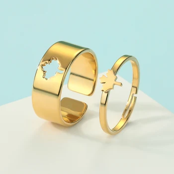 Egyszerű juharlevél illesztésű nyitott gyűrű pároknak rozsdamentes acél gótikus egymásra rakható ígéretgyűrű női állítható páros gyűrű készlet