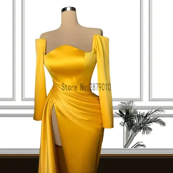 Egyszerű sárga hosszú ujjú estélyi ruhák szexi hasított sellő szatén estélyi ruhák köntösök Longue formális ruha