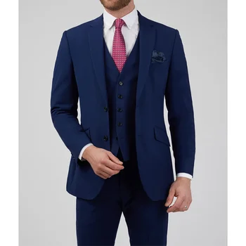 Elegáns kék tömör férfi öltönyök formális bevágásos hajtóka egymellű férfi öltöny Smart alkalmi esküvői vőlegény Tuxedo 3 darab vékony szabás