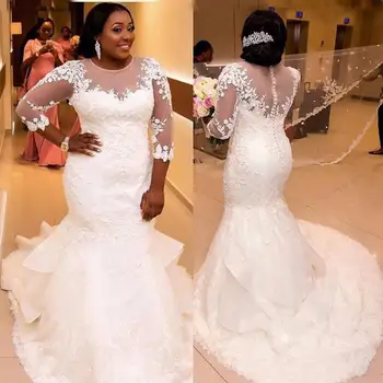 Esküvői ruha egyedi plus size afrikai nigériai sellő menyasszonyi ruhák puszta nyakú rátétes csipke