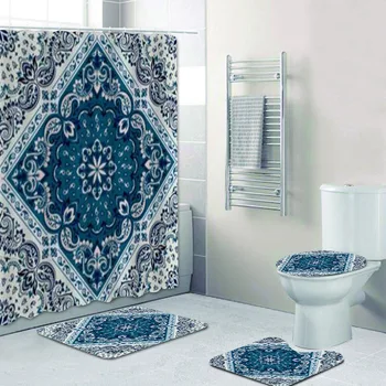 Etnikai dísz Paisley Bandana Print zuhanyfüggöny és fürdőszőnyeg szett elegáns virágos bandanna fürdőszobaszőnyegek szőnyegek lakberendezés ajándék
