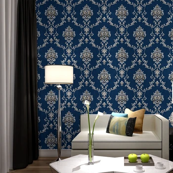 Európai stílusú luxus damaszt tapéta tekercs 3D dombornyomott PVC fali dekoráció kék damaszkuszi háttérképek nappalihoz Szoba