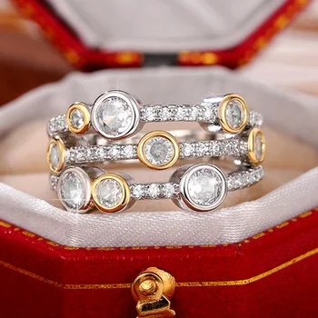 Európai és amerikai kétszínű cirkon gyűrűk férfiaknak Női divat Üreges geometriai kerek mikrokövezett strasszok gyűrűs ékszerek