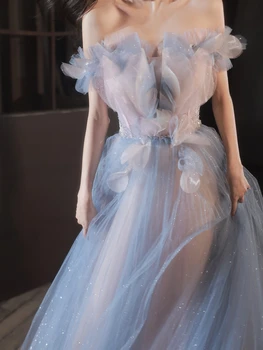 Fairy Blue szexi estélyi ruha tüll le vállról pánt nélküli 3D rátétes fényes flitteres csillogó női A-vonalú hosszú parti báli ruhák