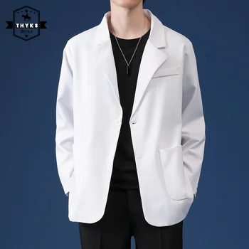 Fehér blézer Férfiak túlméretezett tavasz ősz Koreai divat alkalmi öltöny dzseki Streetwear ruhák Egymellű felsők Haradzsuku kabát