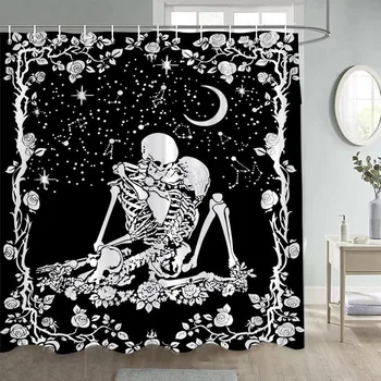 Fekete-fehér csontváz zuhanyfüggönyök szerelem koponya virágok hold csillagos ég Halloween otthoni fürdőszoba dekoráció vízálló horgokkal