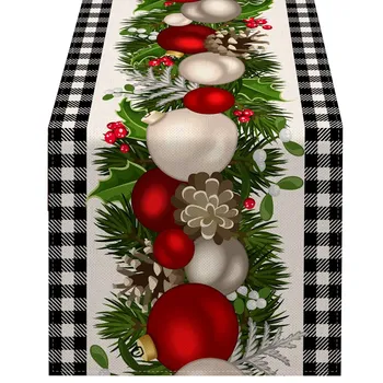 Fekete-fehér Gingham karácsonyi asztalfutó Ellenőrizze a kockás karácsonyi dekorációt Ünnepi otthoni konyha dekoráció