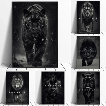 Fekete Párduc Oroszlán Motivációs plakátok Nyomtatás Hódíts Fókusz Qoutes Állati vászon Festés Fali művészet a nappalihoz Dekoráció Kép