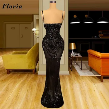 Floria fekete spagetti pántok estélyi ruhák egyedi Dubai Design hosszú estélyi ruhák Couture gyöngyfűzés hírességek báli ruhája