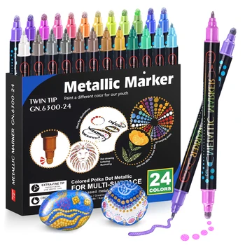 Fém jelölők 24 színű akril festékjelölők, kettős hegyű tollak pontheggyel és finom heggyel, fémtollak festéshez