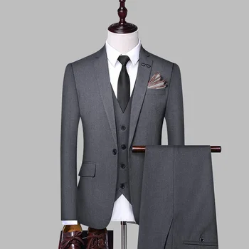 Férfi üzleti nadrág öltöny 3 részes szett (blézer+nadrág+mellény) szürke elegáns esküvői parti ruhák irodai férfi egyszínű vékony kabát szett