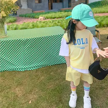 Girl 2023 Új nyári alkalmi pólóruhák Koreai stílusú baba ifjúsági tizenéves lányok rövid ujjú kontraszt szín 2db ruhaszett