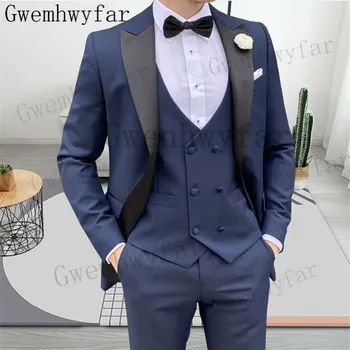 Gwenhwyfar férfi 3 részes öltöny férfiaknak Egyedi gyártású Terno Slim Vőlegény egyedi esküvői férfi öltöny Masculino (kabát + nadrág + mellény)