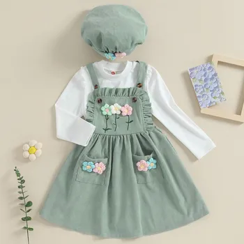 Gyermek lányok Mini ruha szettek Tavaszi őszi ruhák Gyerekek bordázott hosszú ujjú ing 3D virágmintás harisnyatartó szoknya kalap szett
