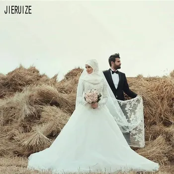 Gyönyörű muszlim esküvői ruhák Hosszú ujjúak Magas nyakú csipke rátétek menyasszonyi ruhák