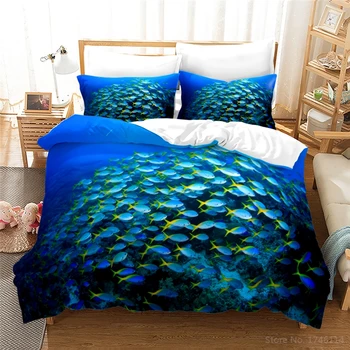 Gyönyörű víz alatti világ Halak iskolája 3d ágynemű szett Ocean Animal Print Paplanhuzat szett Otthoni textil gyerekeknek Felnőtt hálószoba