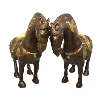 Gyűjtemény régi bronz aranyozott ló szobor,1 készlet (2db) Kínai antik tang ló,Díszítsd a sárkány főnixet,Fém szobor