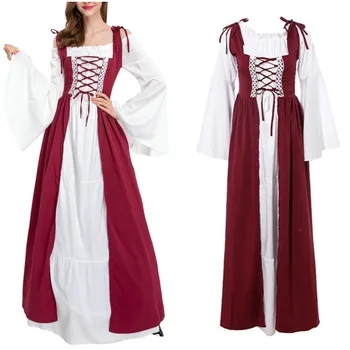 Halloween cosplay ruha fűző maxi ruha női középkori reneszánsz stílusú húzózsinór hosszú ruha vintage nyaralási ruha