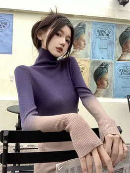 Harajuku Simple Gradient Purple pulóverek Y2K hosszú ujjú kötött pulóverek 2024 tavasz Új alsófelsők