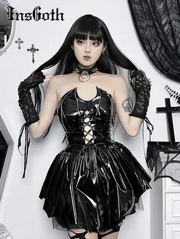 InsGoth Gothic PU bőr pánt nélküli cső felső ruha női steampunk retro rock derék cincher mini ruha Halloween jelmez