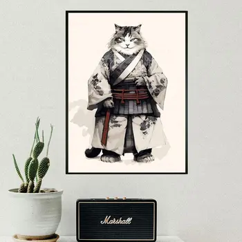 Japán macska szamuráj gésa Vászon festmények Fali művészeti plakátok Nyomatok Vicces művészet Aranyos macska állatok Anime Nappali dekoráció Képek