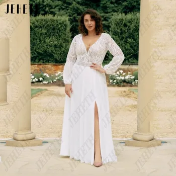 JEHETH Klasszikus esküvői ruhák Puffos ujjak Plus menyasszonynak A-vonalú menyasszonyi ruhák Sifon, V-nyakú oldalsó Split vestidos de novia